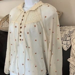 FREE PEOPLE - Polka Dot Long Sleeve Shirt (White/Rose Gold)